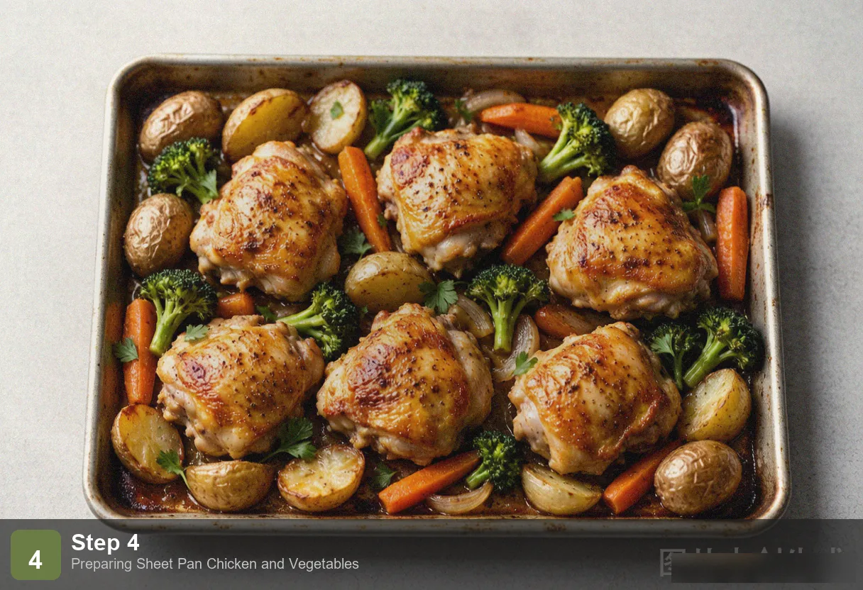 Sheet pan chicken step 4: vegetables being tossed halfway through baking, chicken golden and crispy Sheet pan chicken step 4: vegetables being tossed halfway through baking, chicken golden and crispy