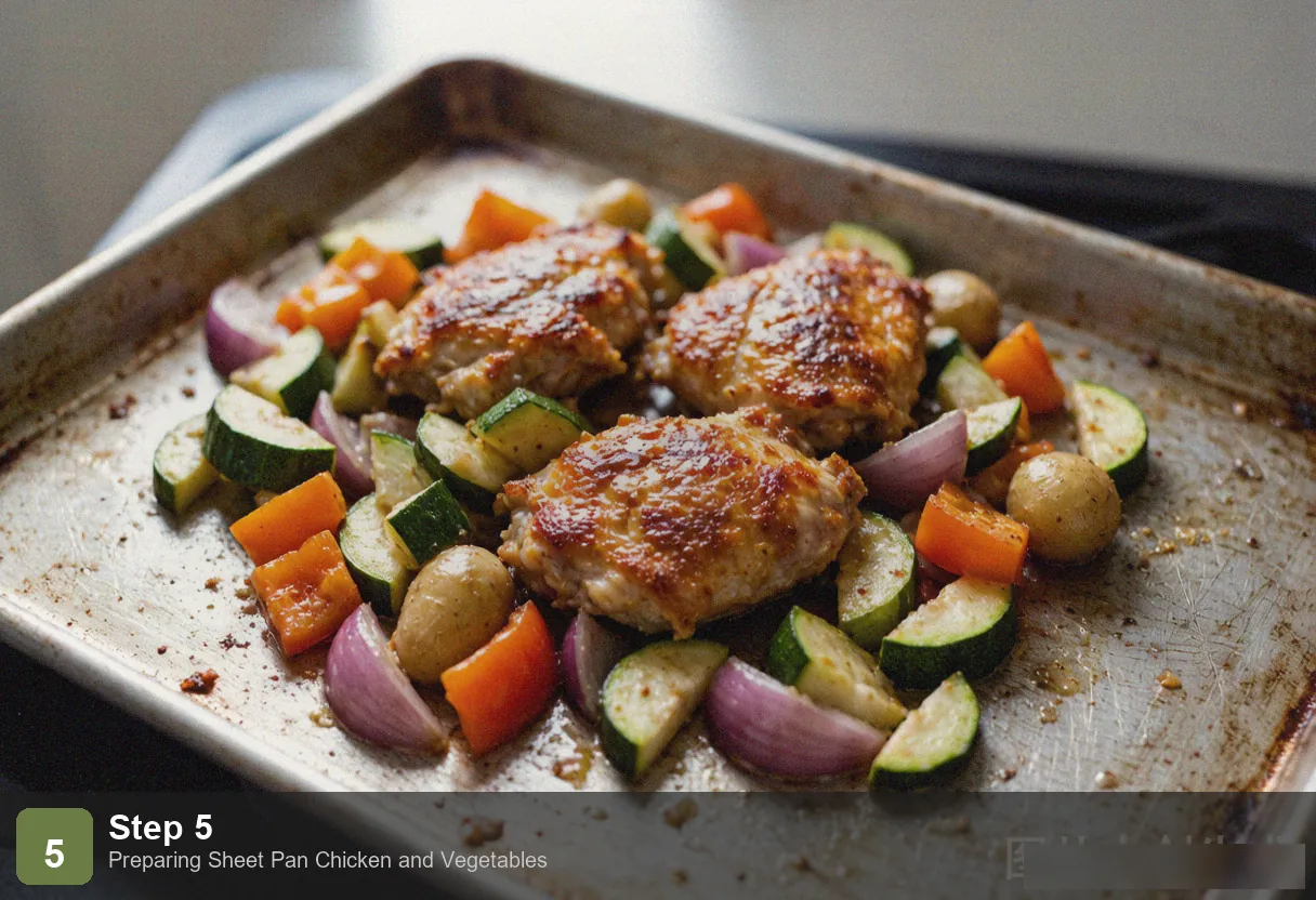 Sheet pan chicken step 5: finished dish on the baking sheet, golden crispy chicken thighs, caramelized vegetables, lemon halves Sheet pan chicken step 5: finished dish on the baking sheet, golden crispy chicken thighs, caramelized vegetables, lemon halves