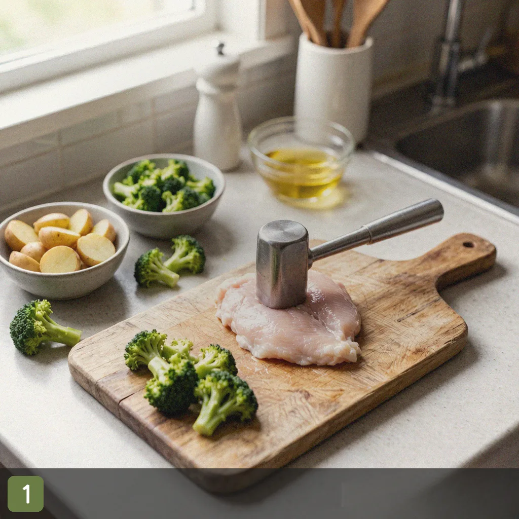 Sheet pan meal prep step 1: prep chicken potatoes broccoli