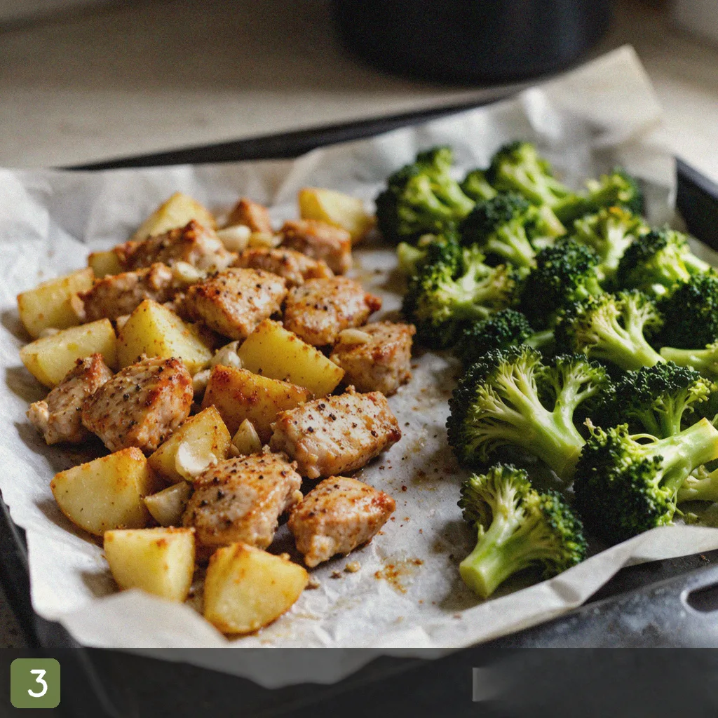 Sheet pan meal prep step 3: arrange on sheet pan
