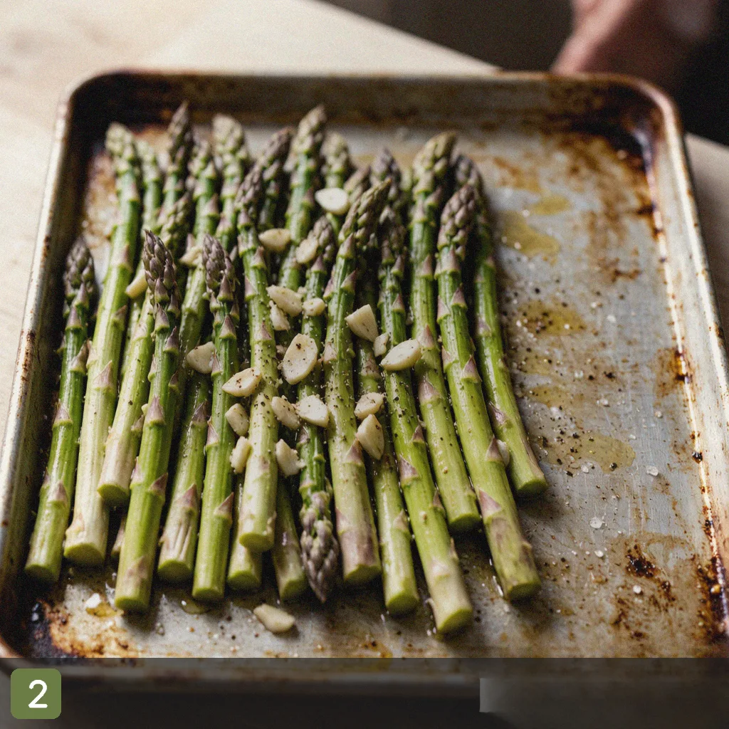 Sheet pan salmon step 2: arrange asparagus with oil and garlic