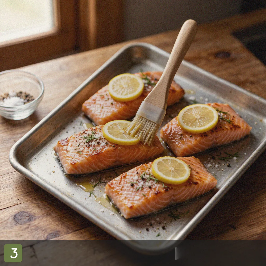 Sheet pan salmon step 3: place salmon skin-side down with lemon