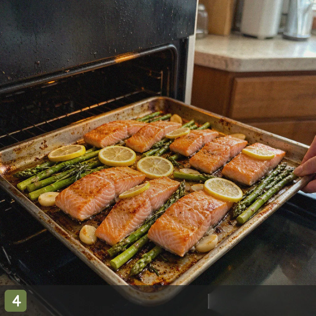 Sheet pan salmon step 4: salmon and asparagus roasting in oven