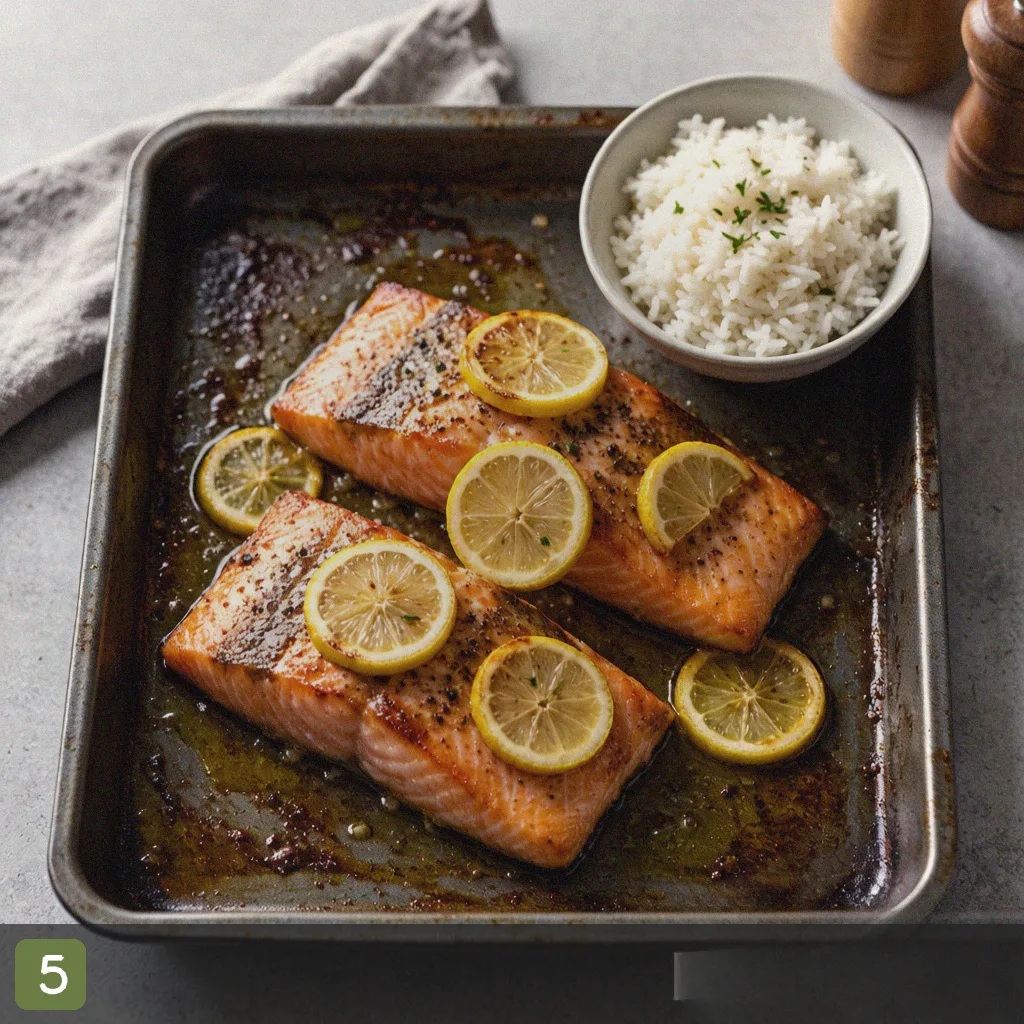 Sheet pan salmon step 5: finished plate with lemon juice