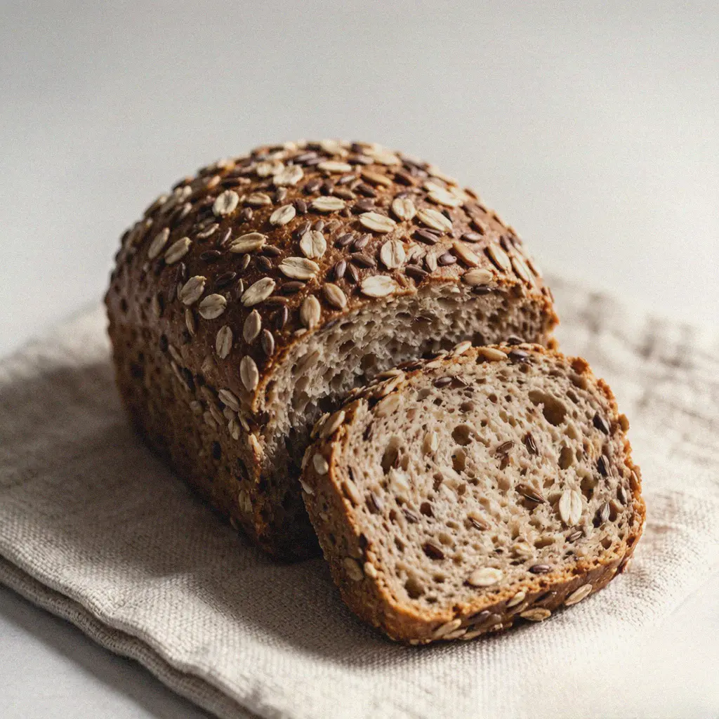 Multigrain bread machine loaf with oats and seeds on the crust